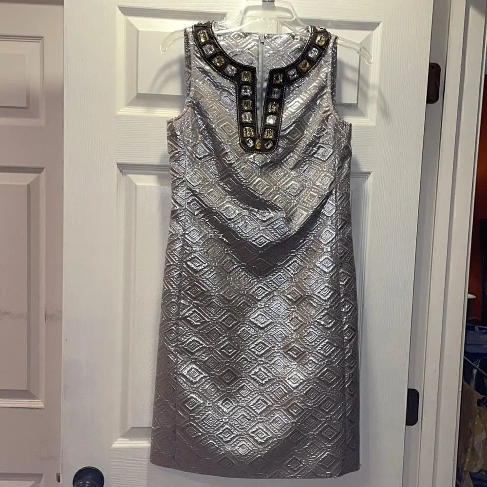 Tory Burch Silver Jewel Neck Sheath Dress
